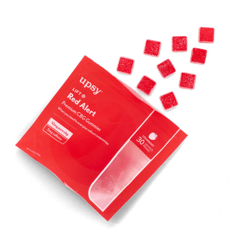 USPY Wellness | LIFT Red Alert CBD Gummies Pouch with Gummies Spilling Out